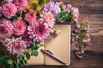 Top view of a pink planner, flower bouquet, and stationery on a wooden desk. Generative AI