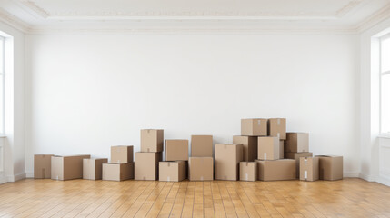 Cardboard boxes in empty room interior, relocation concept. Sunlight big windows. Hardwood. Empty white mock up copy space wall. Move to new home. Ai generative