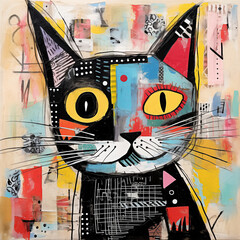 A patchwork collage of a abstract cat. A assemblage of textured elements. Vibrant colours  - 675211440