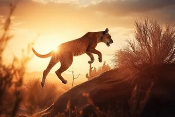 Zelfklevend Fotobehang African puma cougar in the wild, in an aggressive predatory leap at sunset. AI generated. © Serhii