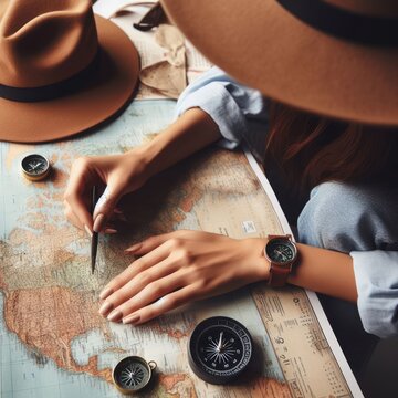 Young woman planning vacation using world map and compass along with other travel accessories. Tourist wearing brown hat looking at the world map