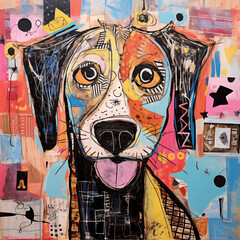 A patchwork collage of a abstract dog. A assemblage of textured elements. Vibrant colours 