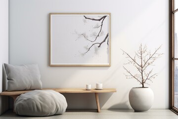 Minimalist zen meditation corner with modern elegance, featuring cushions, poster frame, and print space against a neutral background. Generative AI