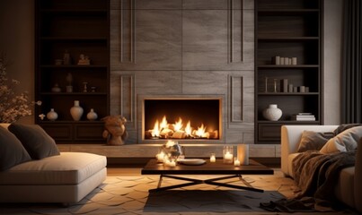Fireplace in luxury home interior design close, Generative AI