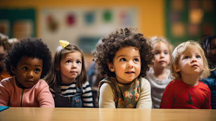Engaged Learning: Diverse Toddlers in Classroom Awestruck by Teacher - obrazy, fototapety, plakaty