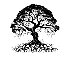 Silhouette of a Majestic Tree, Vector Art Style, Roots Gripping Tightly into the Earth, Towering