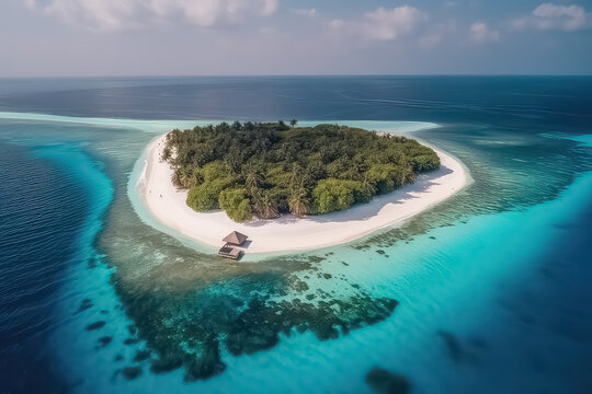 Drone photo of beautiful paradise Maldives tropical beach on island,