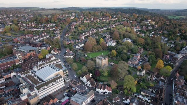 Amazing aerial view of the Guildford Castle and town center of Guildford, United Kingdom
