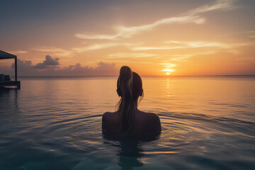 Woman relaxing in infinity swimming pool in Maldives, - obrazy, fototapety, plakaty
