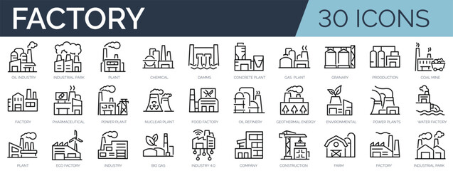 Set of 30 outline icons related to factory, plants, industrial. Linear icon collection. Editable stroke. Vector illustration - obrazy, fototapety, plakaty