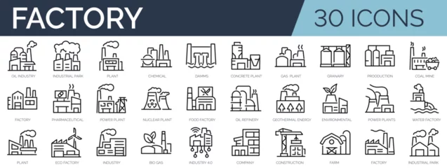 Fotobehang Set of 30 outline icons related to factory, plants, industrial. Linear icon collection. Editable stroke. Vector illustration © SkyLine