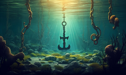illustration of Landscape with an anchor underwater, Generative AI