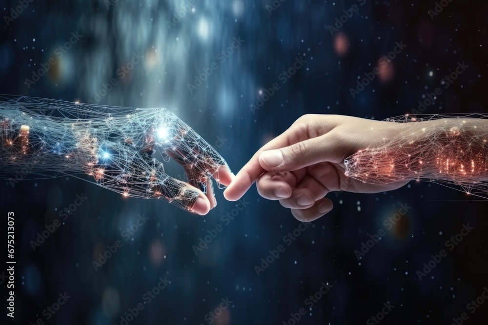 Aufkleber hands of human and artificial intelligence technology touching for big data network exchange.