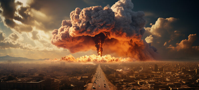 Nuclear bomb huge explosion in city skyline 3d art work apocalyptic illustration Catastrophic Illustration of City Destruction Dystopian Cityscape After Nuclear Blast.AI Generative
