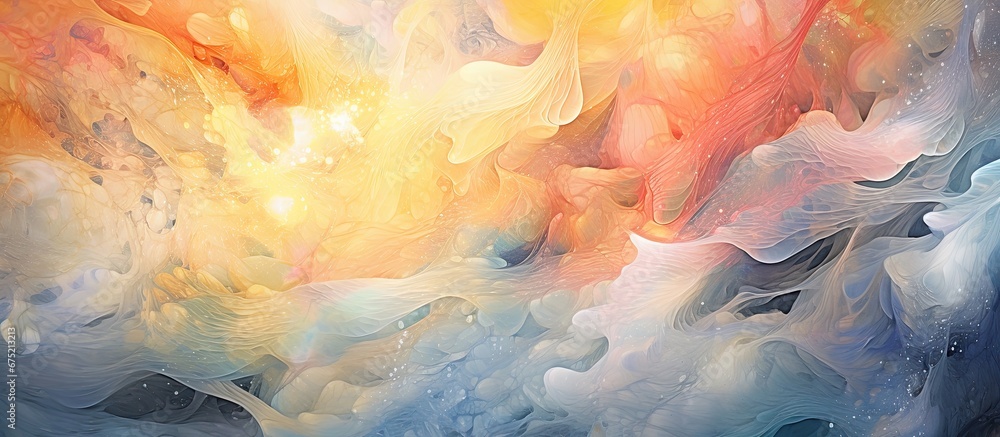 Poster The background of the abstract watercolor art piece creates a mesmerizing texture resembling waves crashing against a glass window with hints of oil blending seamlessly into a fantasy like 