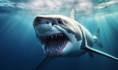 Fototapeta premium A big white shark in the sea under the water, Generative AI