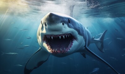 Obraz premium A big white shark in the sea under the water, Generative AI