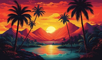 Sunset landscape with palm trees and mountains, Generative AI