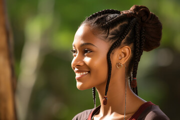 a woman with a braided bun with a smile - Powered by Adobe