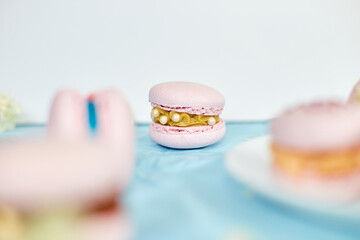 Assorted sweet french pink macarons on blue background
