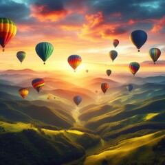 Naklejka premium Colorful hot air balloons flying above high mountain at sunrise with beautiful sky background