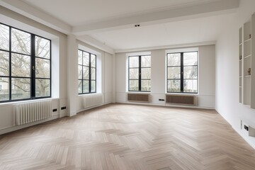A vacant space with white walls and a central window, featuring herringbone flooring. Generative AI