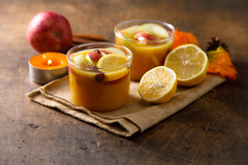 Hot apple cider with lemon and spices