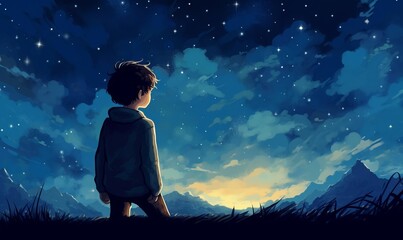 illustration of a boy looking at night starry sky, Generative AI