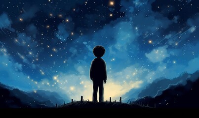 Fototapeta premium illustration of a boy looking at night starry sky, Generative AI