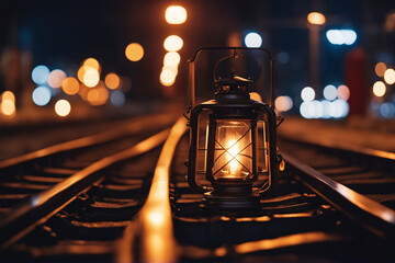 A lantern kept in a railway track at night. - obrazy, fototapety, plakaty