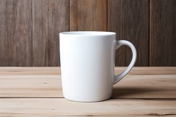 Empty blank mock up of white ceramic coffee mug on wooden table