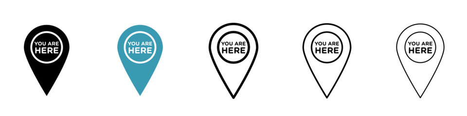 You are Here Pointer vector icon set. Map GPS locator pin sign in black and white color. - obrazy, fototapety, plakaty