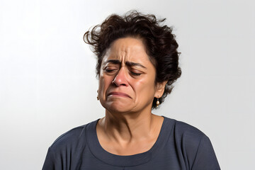 Crying adult Latin American woman, head and shoulders portrait on white background. Neural network generated photorealistic image. Not based on any actual person or scene.