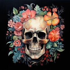 watercolor skull with flowers on black background.
