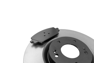 Brake discs and brake pads isolated on white background. Auto parts. Brake disc rotor isolated on...