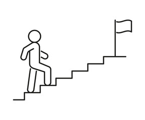 Stairs up person to goal, line icon. Stairway, steps direction to flag. Moving upstairs in work, career. Editable stroke. Vector