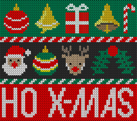 Knitting Christmas elements and ornaments. Santa face, deer head, Christmas balls,bell and text x-mas and ho. Vector illustration.