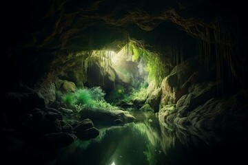 Enchanted cave in magical forest. Generative AI