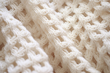 Close up knit and crochet white texture, handmade fabric folds - background