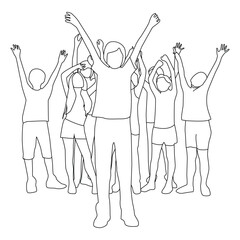 Boys and girls stand together with hands raised up line art vector.