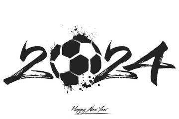 Happy New Year 2024 and soccer ball - obrazy, fototapety, plakaty