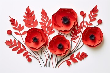 Red paper poppy flowers cut out on white background, paper cut art style. Generative AI