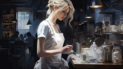 Young girl barista brews aromatic coffee at the cafe counter. Illustration - obrazy, fototapety, plakaty