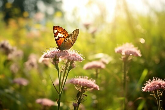 A butterfly perched on a blossom amidst a meadow. Generative AI