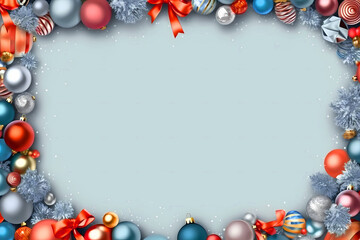 Fototapeta na wymiar Frame of various Christmas decorations on a blue background. Place for text, copy space. Christmas greeting card template, layout for web banner design