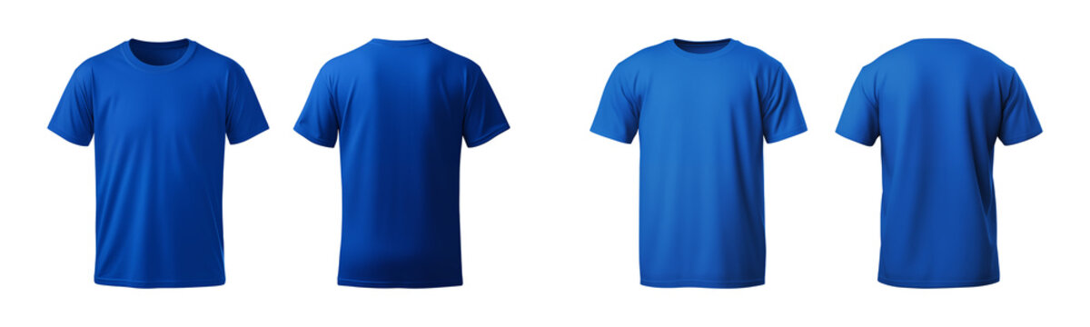 realistic set of male blue t-shirts mockup front and back view isolated on a transparent background, cut out