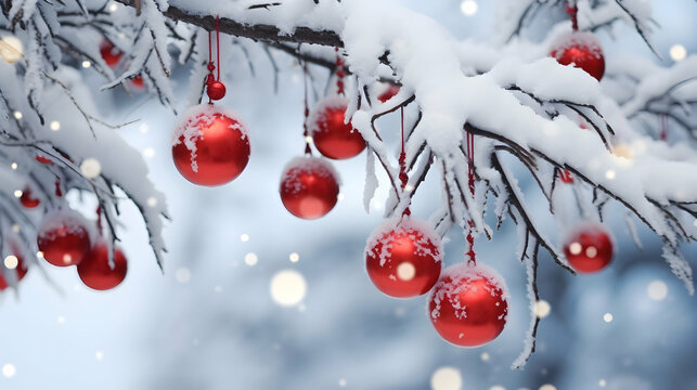 Winter tree branches covered with snow and hanging red balls and baubles with natural and snowflake abstract background.