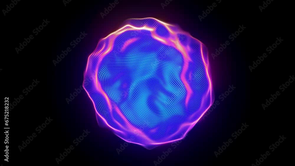 Poster ultraviolet glowing 3d sphere with waving pixelated surface rotates on black background. abstract vi