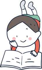 寝そべって本を読む男の子