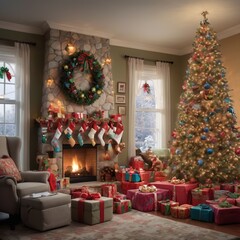 beautiful interior of the christmas tree with fireplace and gifts
